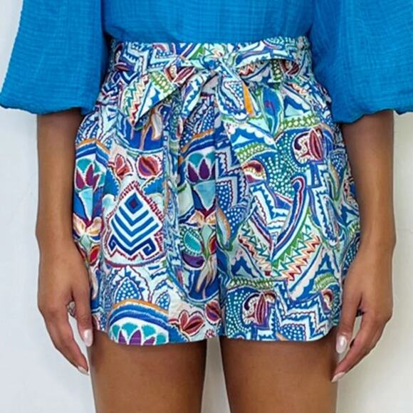 Marie Oliver Tedi Floral High Waisted Belted Short Morpho Blue 619-138 US 4 Smal - Picture 1 of 5